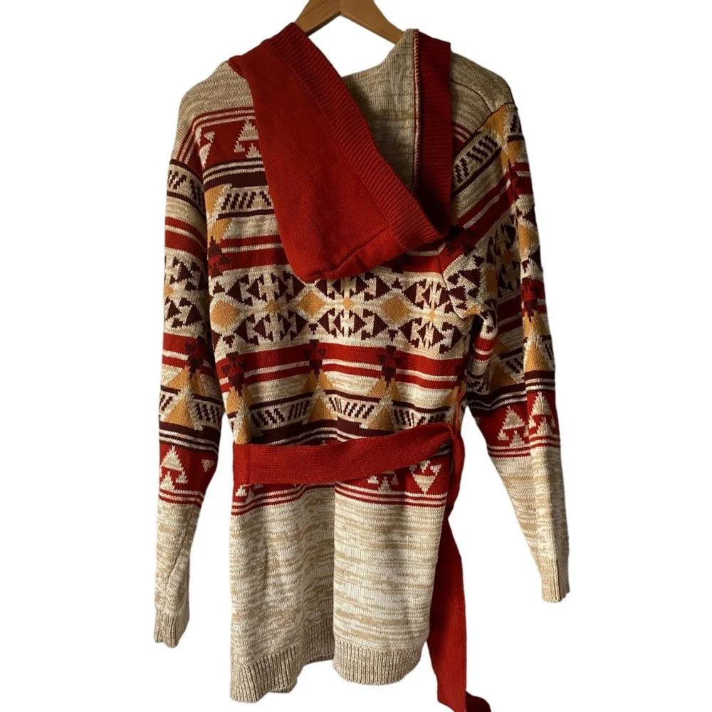 Wrangler Retro women M red cardigan Southwest Arrey Aztec open front‎ hooded